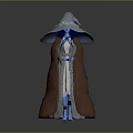Game Movie Character Wizard Standing Pose With Large Embroidered Hat Brown Cloak And Blue Body