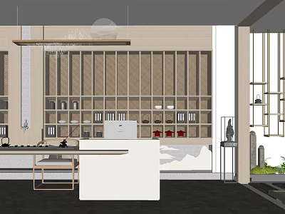 Modern Style Boutique Interior With Wooden Display Shelves White Counter And Pendant Lights 3d model