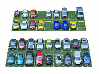 Various Colors and Different Types of Cars Parked in Green Parking Lot with Multiple Rows 3d model