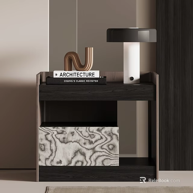 Modern Dark Wood Bedside Table With Architecture Books Table Lamp And Patterned Storage Box 3d model