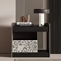 Modern Dark Wood Bedside Table With Architecture Books Table Lamp And Patterned Storage Box 3d model