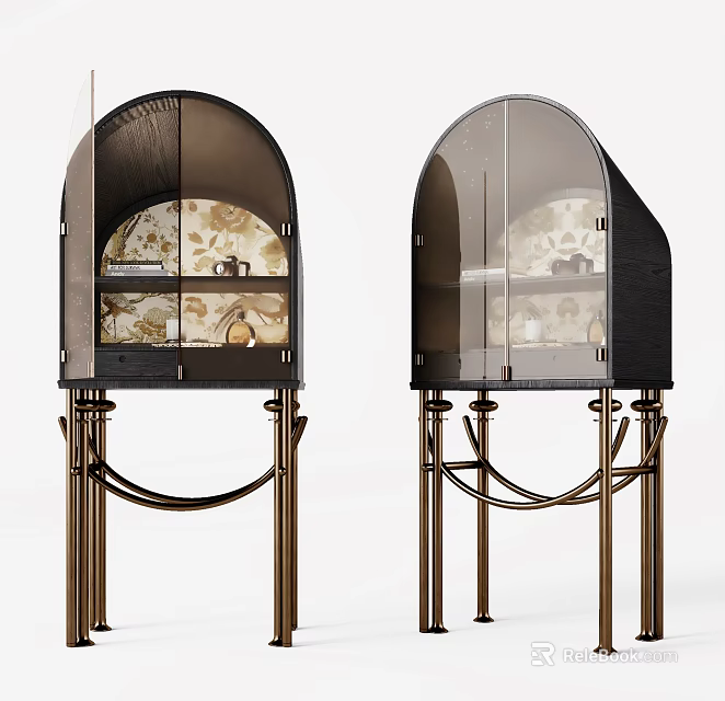 Symmetric Decorative Cabinets With Black Frame Transparent Curved Glass Doors And Metal Stands 3d model 