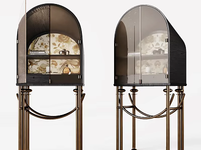 Symmetric Decorative Cabinets With Black Frame Transparent Curved Glass Doors And Metal Stands 3d model