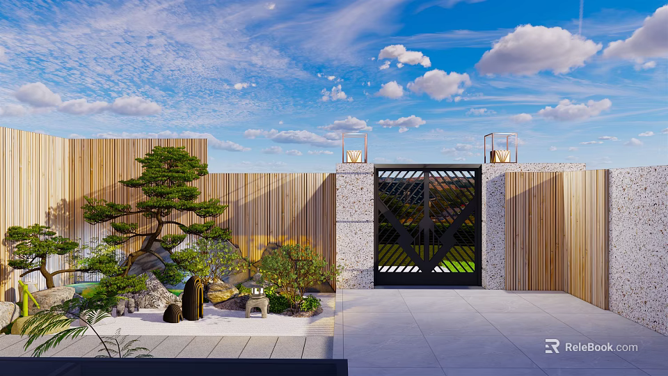 Garden Landscape With Wooden Fence Black Iron Gate Potted Plants And Stones Under Blue Sky 3d model 