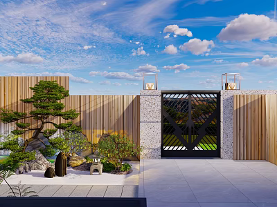 Garden Landscape With Wooden Fence Black Iron Gate Potted Plants And Stones Under Blue Sky 3d model