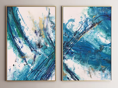 Two Abstract Paintings With Blue White Brush Strokes And Golden Accents On Wall 3d model