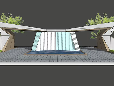 Modern Entrance Gate Design With Geometric Structure Water Feature And Green Plants 3d model