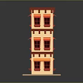 Three Story Building Model With Red Roof Yellow Walls And Windows On Square Base