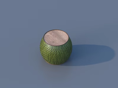 Round Green Woven Stool With Natural Wooden Top And Textured Craft Design 3d model