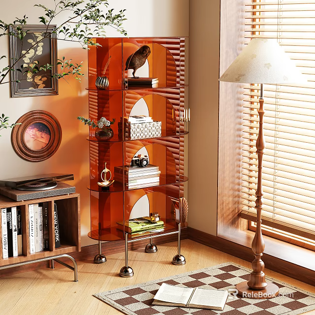 Wooden Entryway Side Cabinet With Shelves Holding Books Camera And Decorative Items 3d model 
