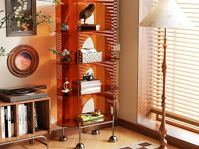 Wooden Entryway Side Cabinet With Shelves Holding Books Camera And Decorative Items 3d model