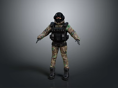 Tactical Military Character in Camouflage Uniform With Helmet Goggles and Tactical Gear 3d model