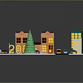 Colorful Urban Model Scene With Various Buildings Roads Vehicles Street Lamps Tree And Circular Decorations