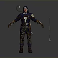 Hooded Character In Blue Outfit With Brown Leather Accents And Spear