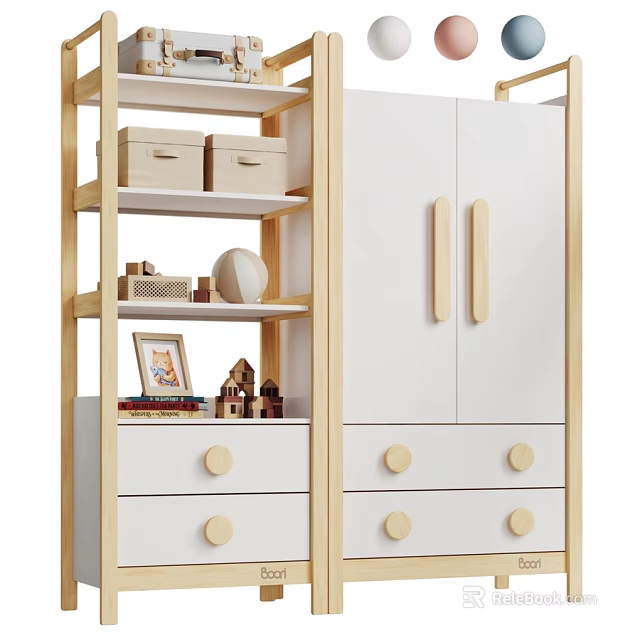 Minimalist Light Wood Frame White Wardrobe With Open Shelves And Large Capacity Storage Drawers 3d model 