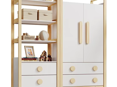 Minimalist Light Wood Frame White Wardrobe With Open Shelves And Large Capacity Storage Drawers 3d model