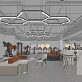 Modern Open Space With Hexagonal Pendant Lights Gym Equipment Sofa Seating And Marble Bar Counter