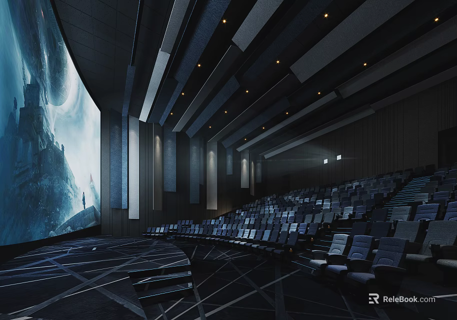 Modern Cinema Auditorium Interior With Large Screen Comfortable Seats And Lighting 3d model 