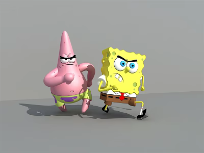 SpongeBob SquarePants And Patrick Star In Dynamic Running Poses With Angry Expressions 3d model