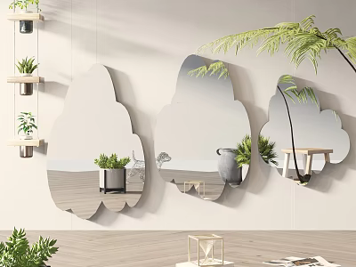 Three Decorative Cloud Shaped Mirrors Hanging On Indoor Wall With Green Plants 3d model