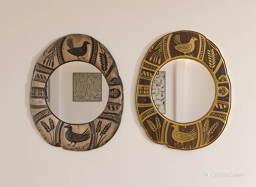 Decorative Mirrors With Carved Chicken Wheat Patterns Brown And Golden Frames On Wall 3d model