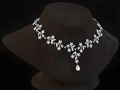Elegant Silver Necklace With Delicate Flower And Leaf Design And Pendant Drop 3d model
