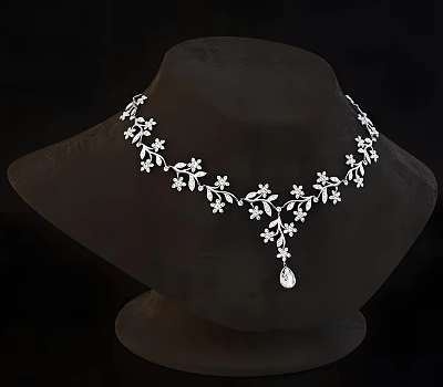 Elegant Silver Necklace With Delicate Flower And Leaf Design And Pendant Drop 3d model Elegant Silver Necklace With Delicate Flower And Leaf Design And Pendant Drop 3d model