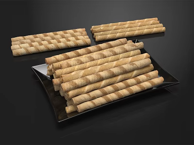 Crunchy Twisted Wafer Sticks with Light and Dark Brown Layers Stacked on Black Plate 3d model
