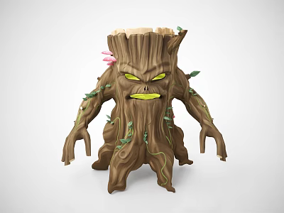 Game Movie Character With Tree Stump Body Yellow Eyes Green Vines And Pink Flowers 3d model