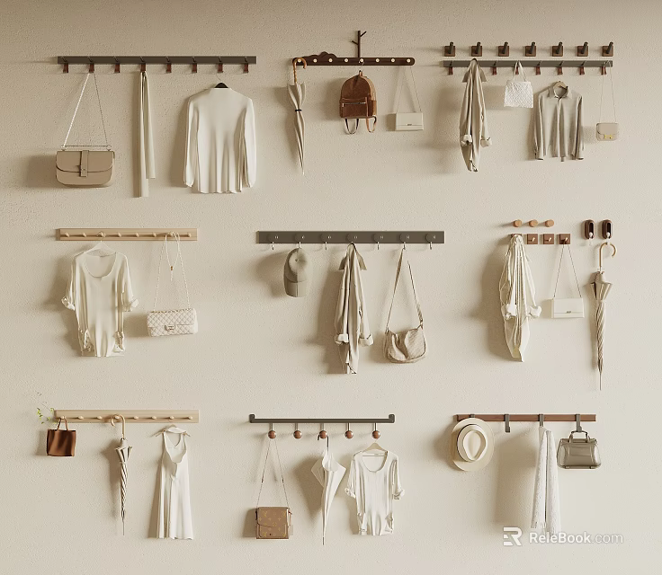 Wall Hooks Displaying Clothes Bags And Accessories 3d model