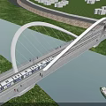 Modern Arched Bridge Design With Train On Deck River Below Green Grass And Road 3d model
