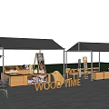 Outdoor Wooden Market Stalls With WOOD TIME Sign Tent Canopies And Display Tables