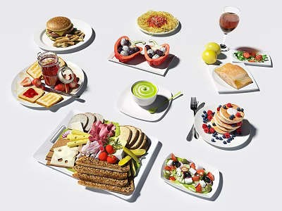 Delicious Assorted Food Platter With Hamburgers Pizza Salad Fruits And Desserts 3d model