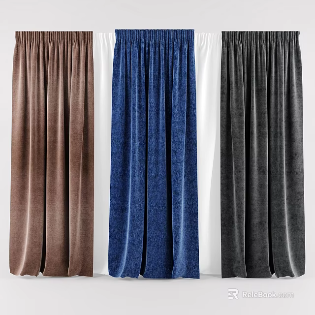 Three Colored Velvet Curtains in Brown Blue Gray for Home Interior Design 3d model 