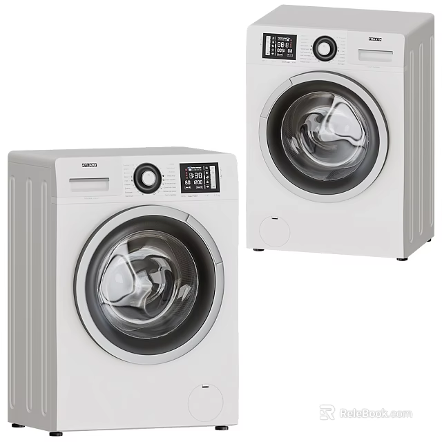 Two White Front Loading Washing Machines With Digital Display And Control Panel 3d model 