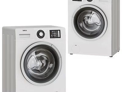 Two White Front Loading Washing Machines With Digital Display And Control Panel 3d model