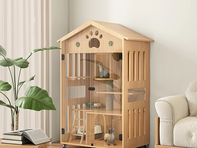 Indoor Wooden Pet Cabinet With House Shaped Design Paw Print Decor Glass Doors And Shelves 3d model