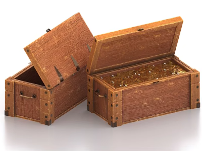 Open Vintage Wooden Storage Boxes Filled With Shiny Gold Coins And Metal Hinges 3d model