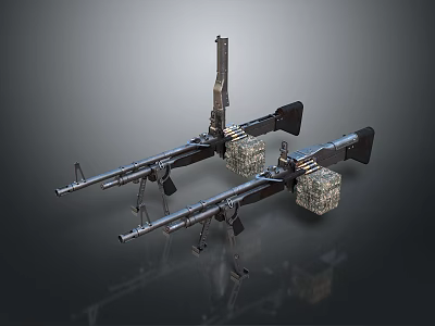 Military Machine Guns With Ammunition Belts And Tripod Stands On Dark Surface 3d model