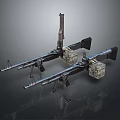 Military Machine Guns With Ammunition Belts And Tripod Stands On Dark Surface