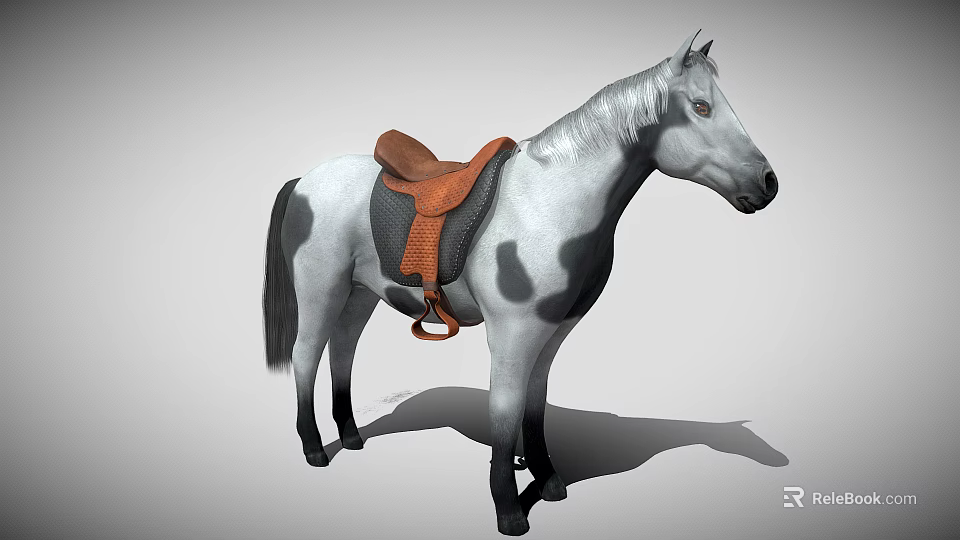 A gray and white horse with black spots brown saddle white mane and black tail 3d model 