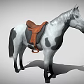 A gray and white horse with black spots brown saddle white mane and black tail