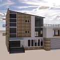 Brown Brick Detached Villa Exterior With White Vertical Trim Balconies And Black Railings