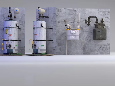Modern Household Water Heater Appliances With Plumbing Pipes And Meters 3d model