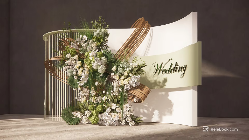 Wedding Floral Installation With Curved White Backdrop Metal Frame Woven Elements And Green White Blooms 3d model 