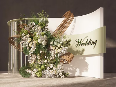 Wedding Floral Installation With Curved White Backdrop Metal Frame Woven Elements And Green White Blooms 3d model