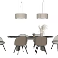 Minimalist Dining Table Set With Light Colored Chairs Hanging Pendant Lights And Vase With Plants