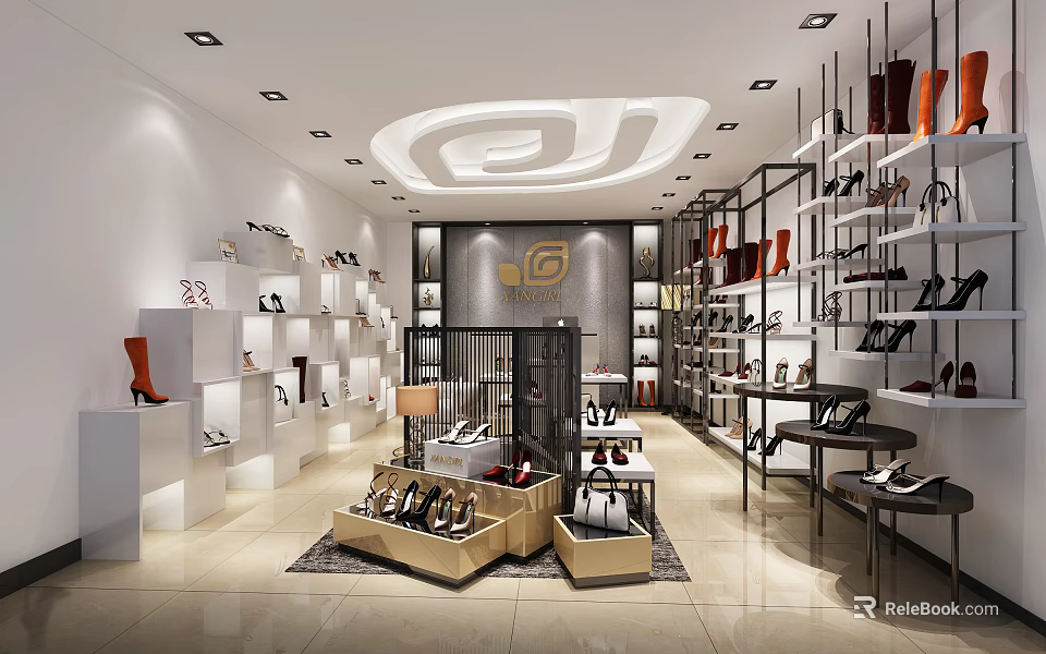 Stylish Shoe Store Interior Featuring Various Shoes On Shelves With Brand Logo And Modern Lighting 3d model 