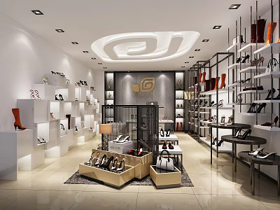 Stylish Shoe Store Interior Featuring Various Shoes On Shelves With Brand Logo And Modern Lighting 3d model