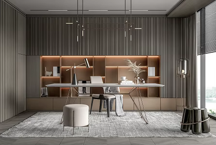 Modern Study Desk and Chair Chandelier Floor Lamp Stool Bookcase Venetian Blinds 3d model